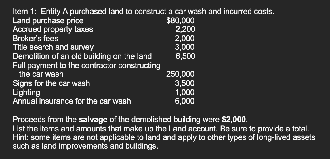 Item 1: Entity A purchased land to construct a car wash and