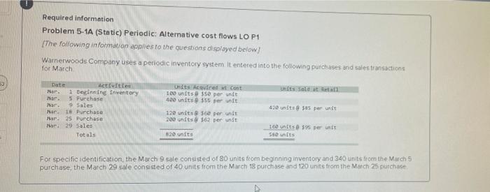 Required information Problem 5-1A (Static) Periodic: Alternative cost flows LO P1 [The