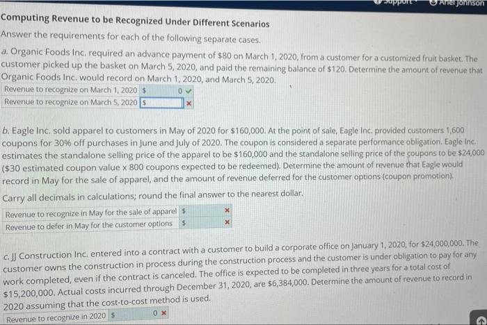 Support Arter Johnson Computing Revenue to be Recognized Under Different Scenarios Answer