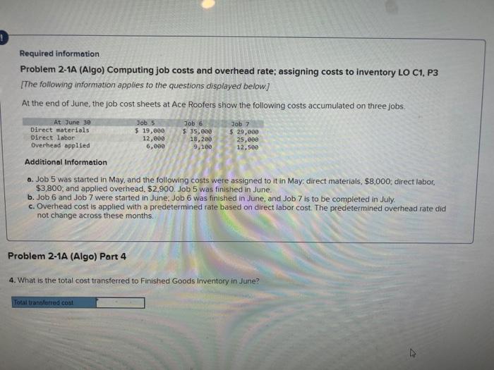Required information Problem 2-1A (Algo) Computing job costs and overhead rate; assigning