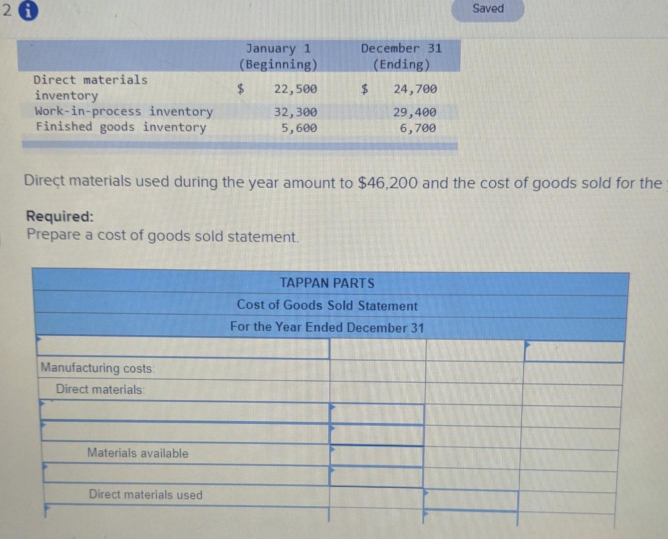 2 i Saved Direct materials inventory Work-in-process inventory Finished goods inventory January