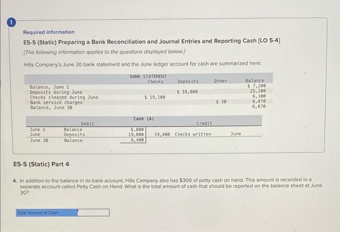 Required information E5-5 (Static) Preparing a Bank Reconciliation and Journal Entries and