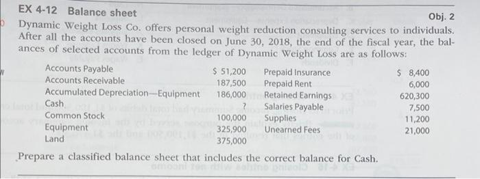 Obj. 2 EX 4-12 Balance sheet Dynamic Weight Loss Co. offers personal