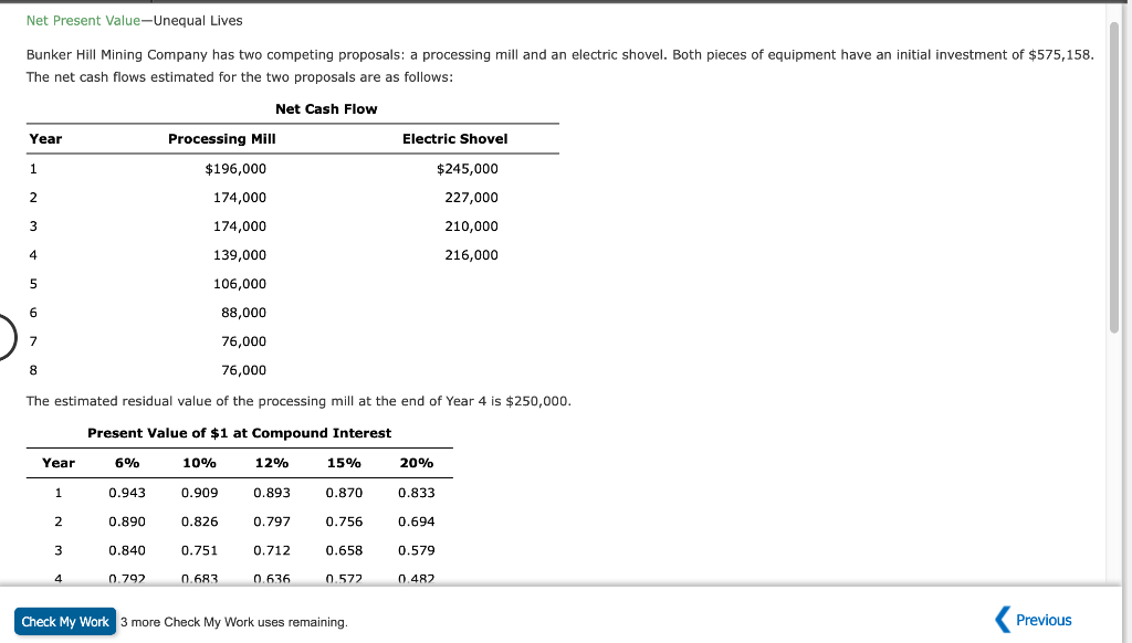 Net Present Value-Unequal Lives Bunker Hill Mining Company has two competing proposals: