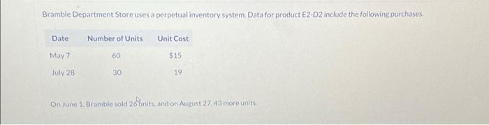 Bramble Department Store uses a perpetual inventory system. Data for product E2-D2