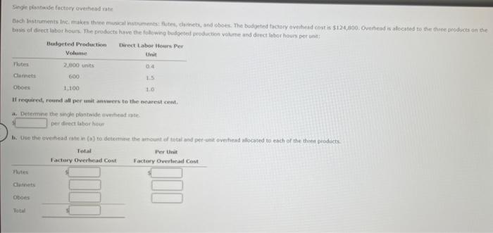 Single plantwide factory overhead rate Bach Instruments Inc. makes three musical instruments: