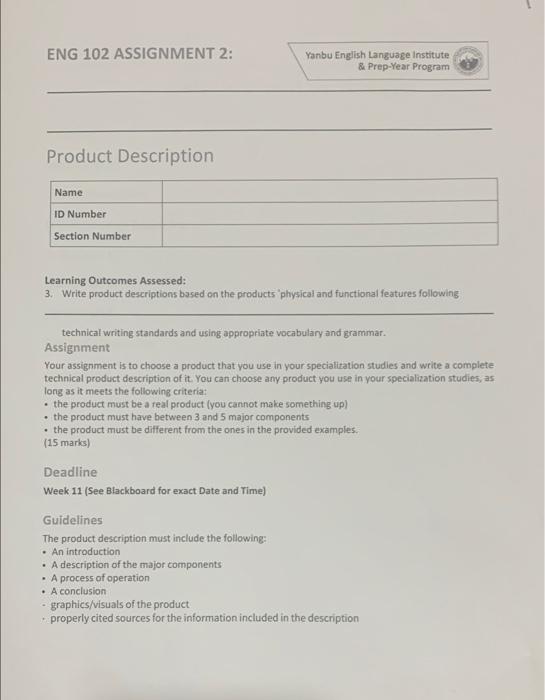 ENG 102 ASSIGNMENT 2: Yanbu English Language Institute & Prep-Year Program Product