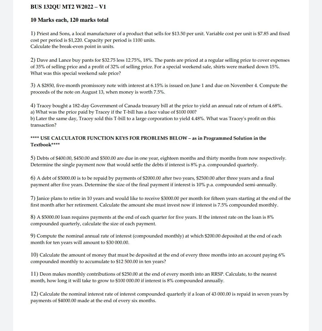 BUS 132QU MT2 W2022 - V1 10 Marks each, 120 marks total