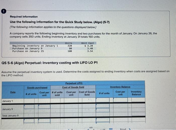 Required information Use the following information for the Quick Study below. (Algo)