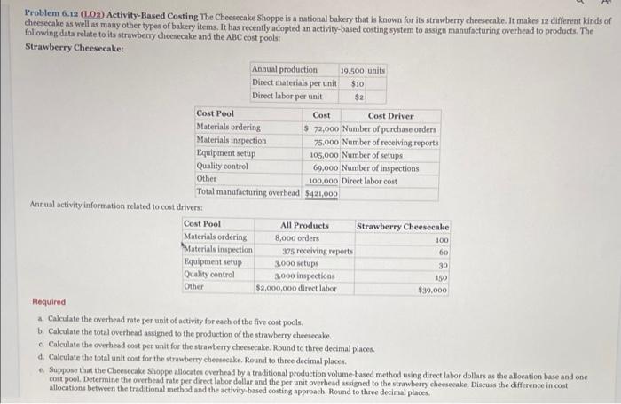 Problem 6.12 (102) Activity-Based Costing The Cheesecake Shoppe is a national bakery