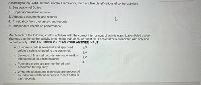 According to the COSO Internal Control Framework, there are five classifications of