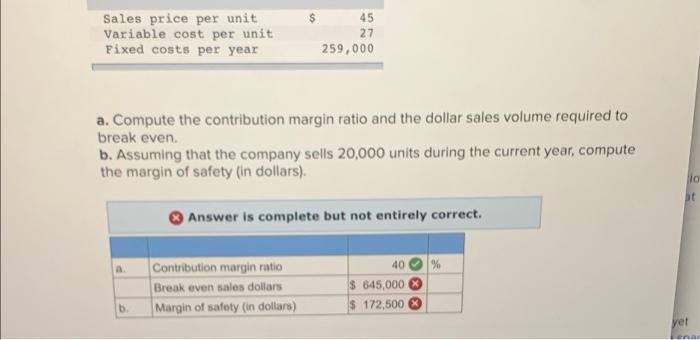 Sales price per unit Variable cost per unit Fixed costs per year