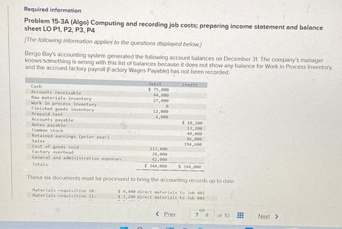 Required information Problem 15-3A (Algo) Computing and recording job costs; preparing income
