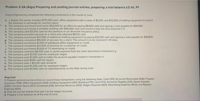 d Problem 2-2A (Algo) Preparing and posting journal entries; preparing a trial