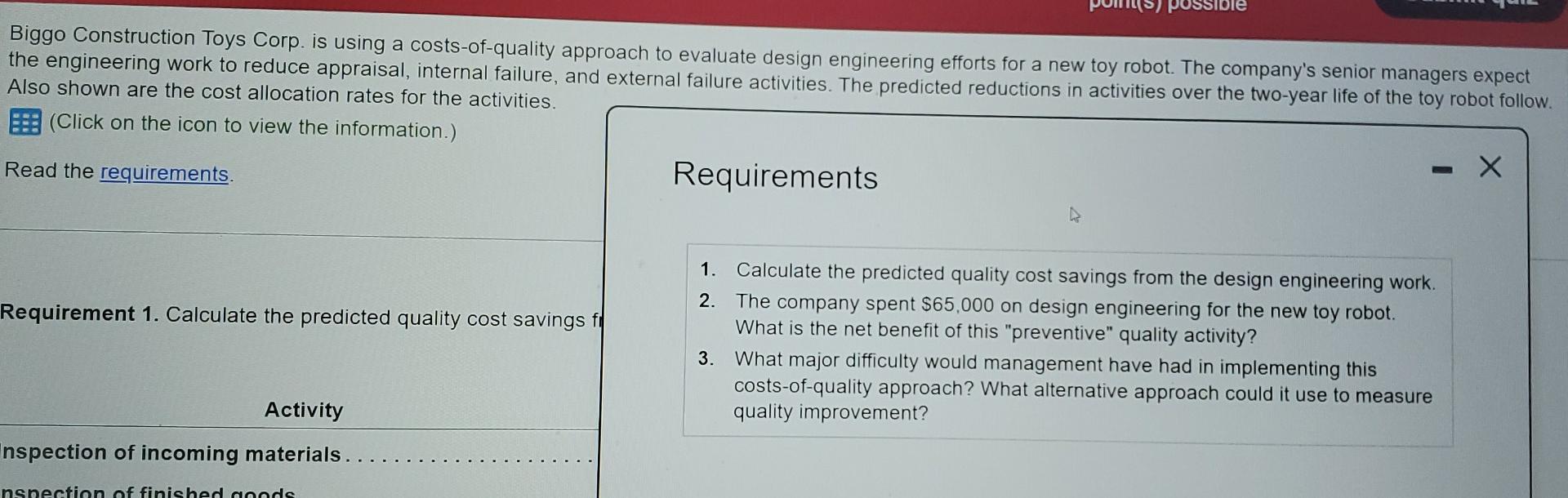 possible Biggo Construction Toys Corp. is using a costs-of-quality approach to evaluate