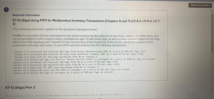 Required information E7-12 (Algo) Using FIFO for Multiproduct Inventory Transactions (Chapters 6