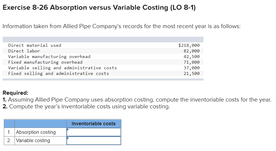 Exercise 8-26 Absorption versus Variable Costing (LO 8-1) Information taken from Allied