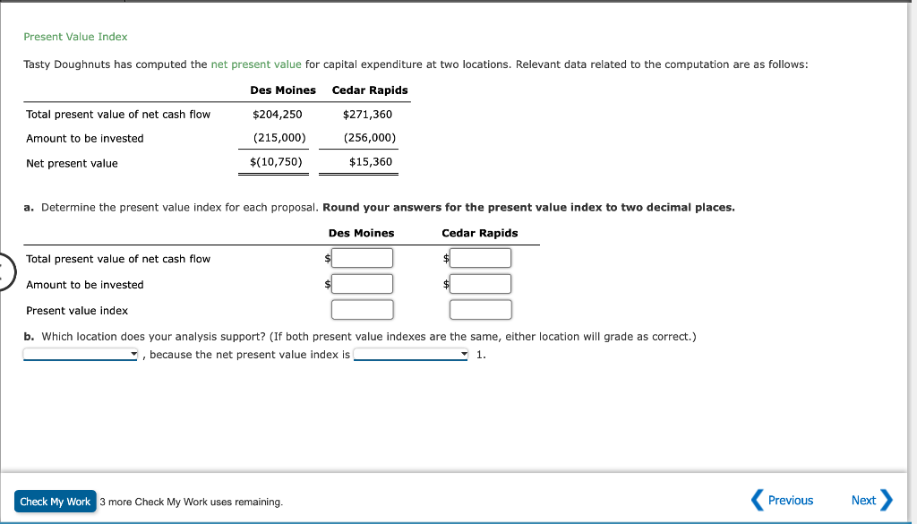 Present Value Index Tasty Doughnuts has computed the net present value for