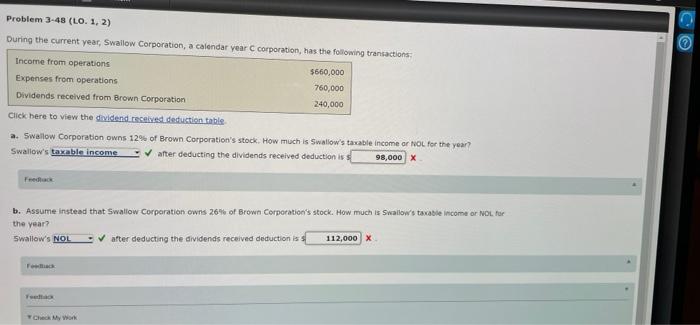 Problem 3-48 (LO. 1, 2) During the current year, Swallow Corporation, a