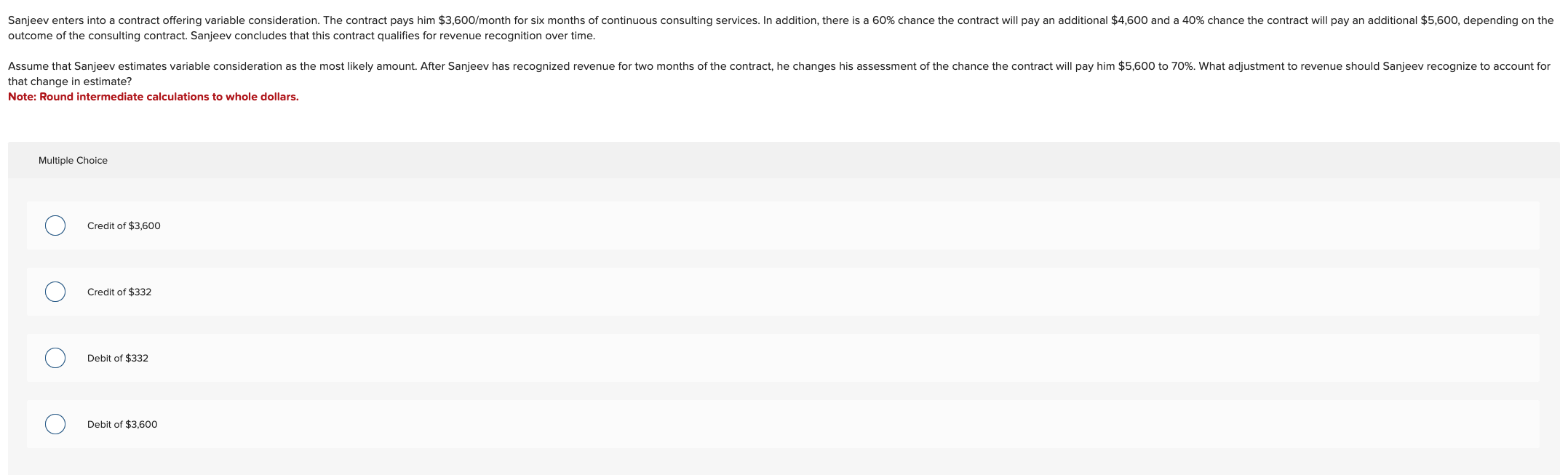 Sanjeev enters into a contract offering variable consideration. The contract pays him