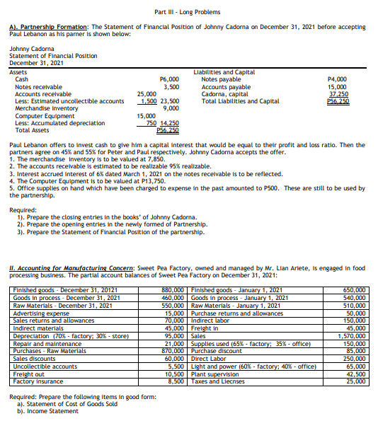 Part III - Long Problems A). Partnership Formation: The Statement of Financial