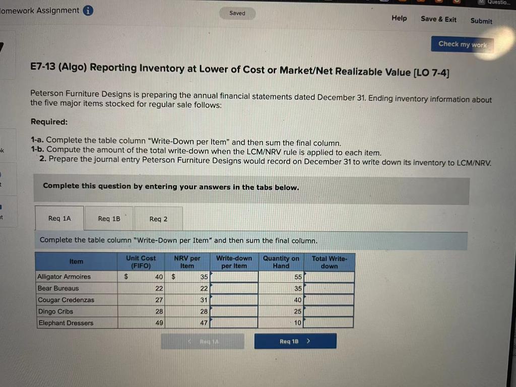 Homework Assignment Saved Questio... Help Save & Exit Submit Check my work
