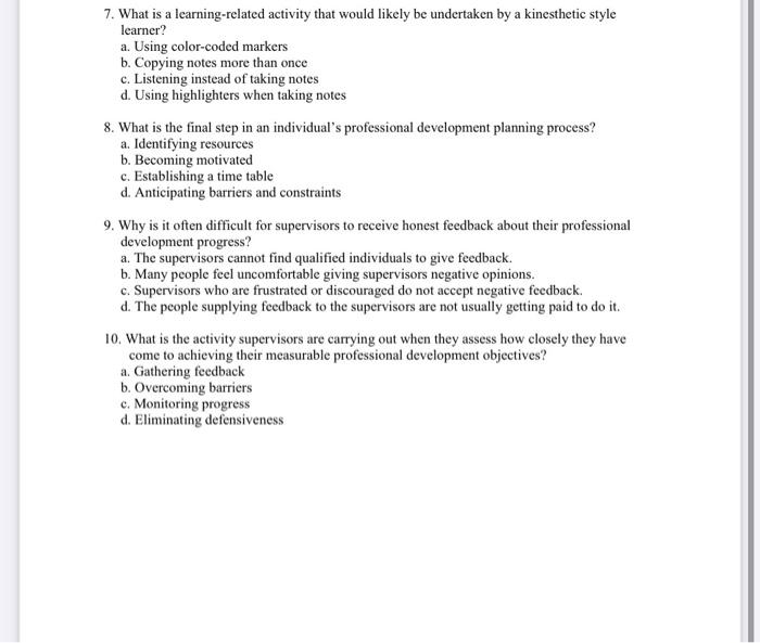 7. What is a learning-related activity that would likely be undertaken by