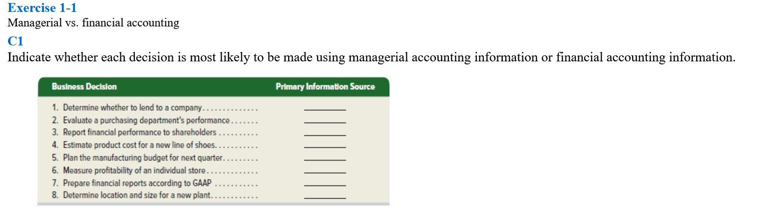 Exercise 1-1 Managerial vs. financial accounting C1 Indicate whether each decision is
