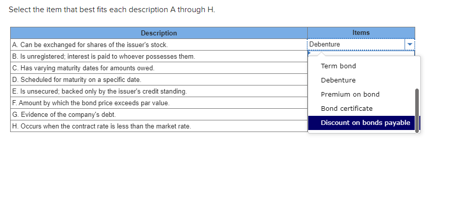 Select the item that best fits each description A through H. Description