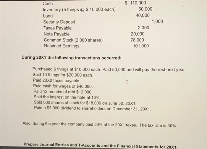 Cash Inventory (5 things @ $ 10,000 each) Land Security Deposit Taxes