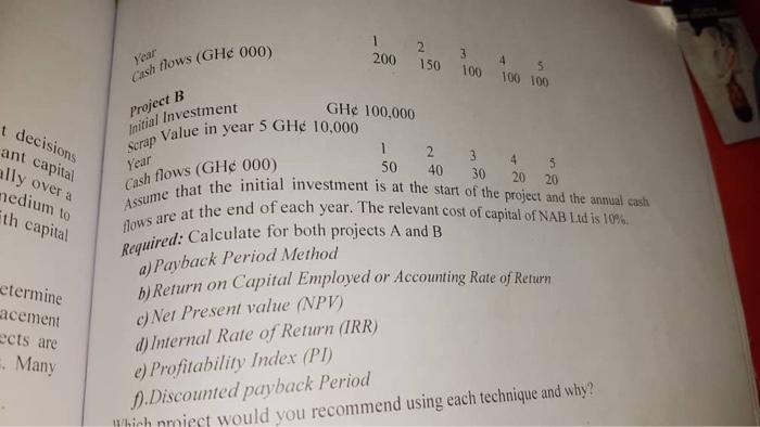 Project A Initial Investment GH 450.000 Scrap Value in year 5 GH
