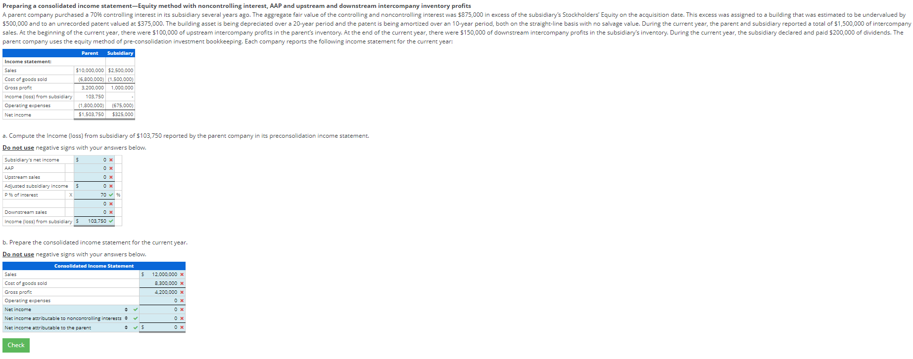 Preparing a consolidated income statement-Equity method with noncontrolling interest, AAP and upstream