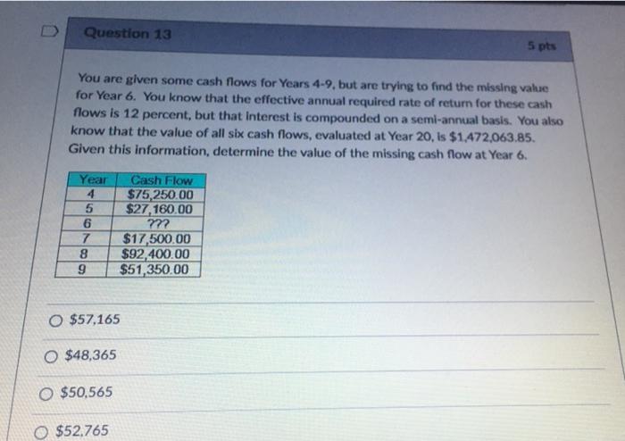 Question 13 5 pts You are given some cash flows for Years
