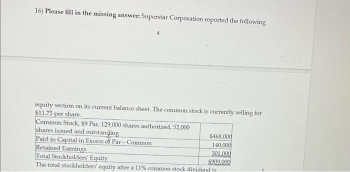 16) Please fill in the missing answer: Superstar Corporation reported the following