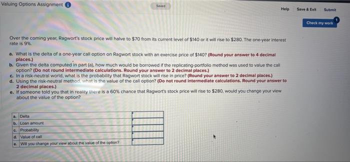 Valuing Options Assignment Saved Help Save & Exit Submit Check my work