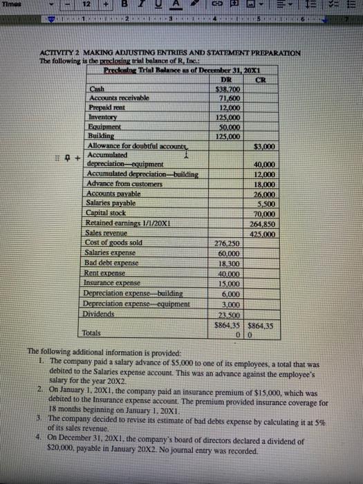 Times 12 + B CO E ACTIVITY 2 MAKING ADJUSTING ENTRIES AND