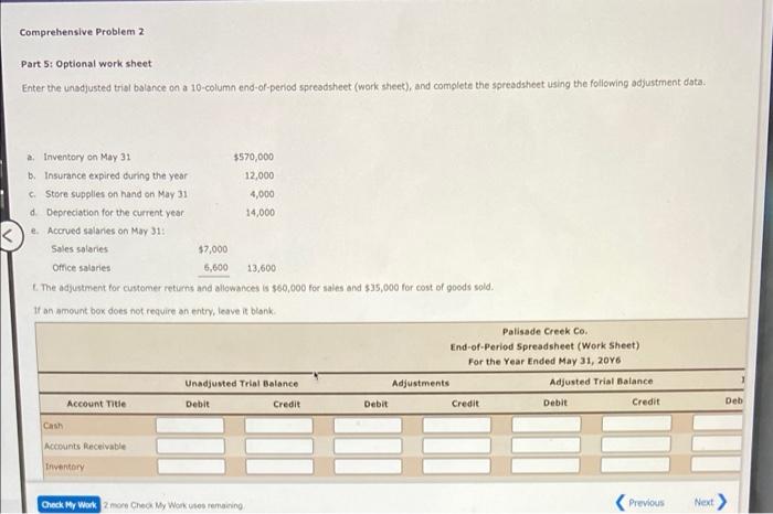 Comprehensive Problem 2 Part 5: Optional work sheet Enter the unadjusted trial