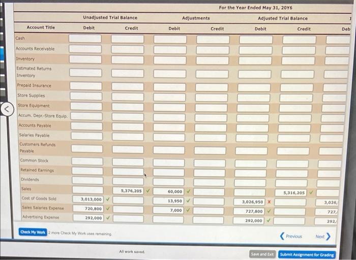 balance on a 10-column end-of-period spreadsheet (work sheet), and complete the spreadsheet