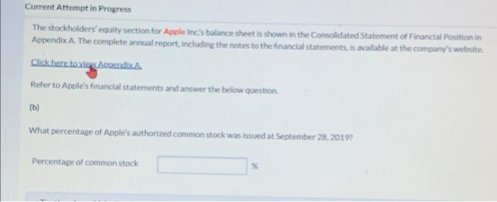 Current Attempt in Progress The stockholders' equity section for Apple Inc's balance