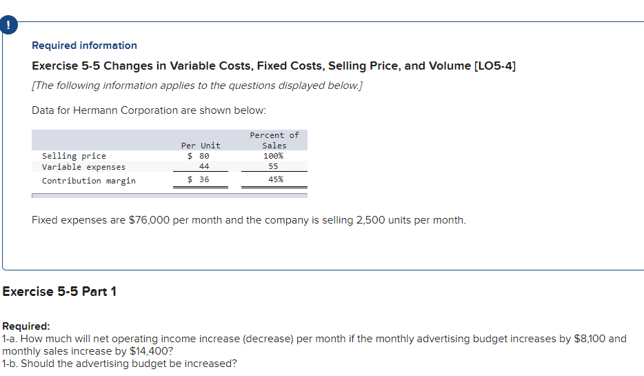 Required information Exercise 5-5 Changes in Variable Costs, Fixed Costs, Selling Price,