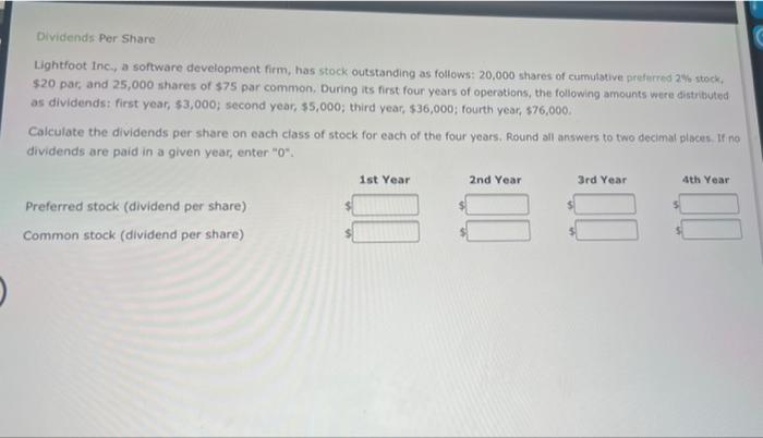 Dividends Per Share Lightfoot Inc., a software development firm, has stock outstanding