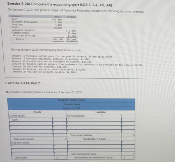 Exercise 3-21A Complete the accounting cycle (LO3-3, 3-4, 3-5, 3-6) On January