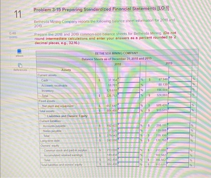 0.48 11 points Problem 3-15 Preparing Standardized Financial Statements [LO 1] Bethesda