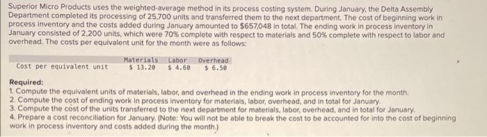 Superior Micro Products uses the weighted-average method in its process costing system.