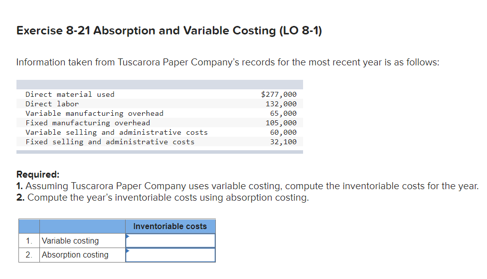 Exercise 8-21 Absorption and Variable Costing (LO 8-1) Information taken from Tuscarora