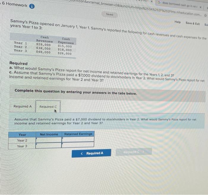Year 1. Sammy's reported the following for cash revenues and cash expenses