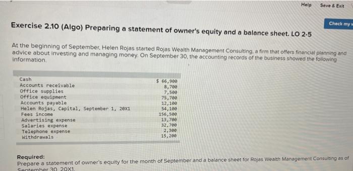 Help Save & Exit Exercise 2.10 (Algo) Preparing a statement of owner's