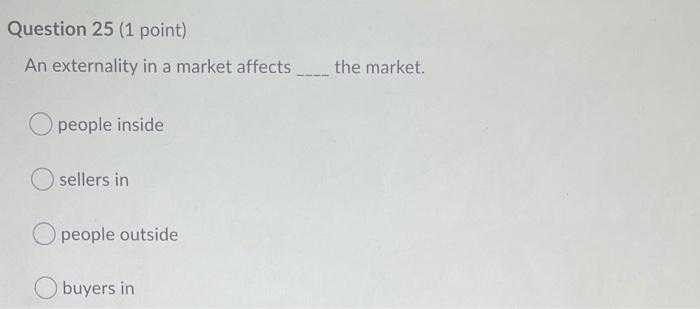 Question 25 (1 point) An externality in a market affects _____ the