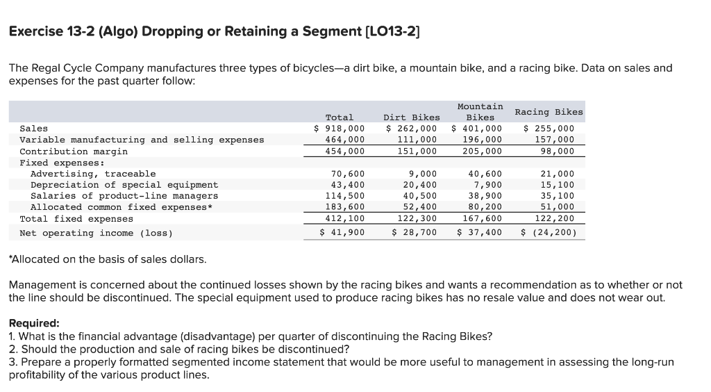 Exercise 13-2 (Algo) Dropping or Retaining a Segment [LO13-2] The Regal Cycle