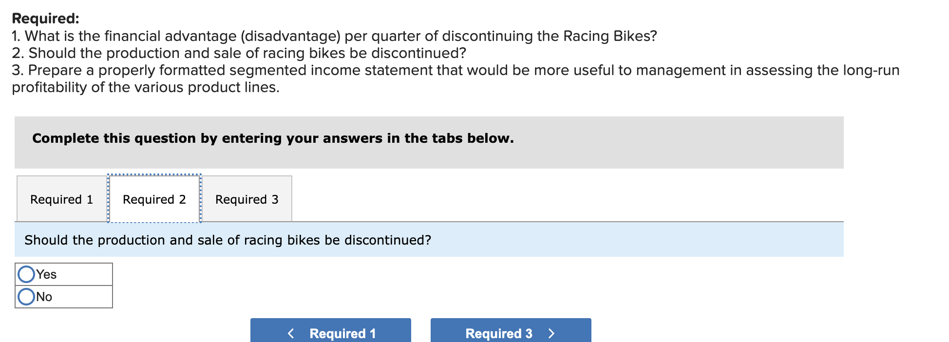 a racing bike. Data on sales and expenses for the past quarter